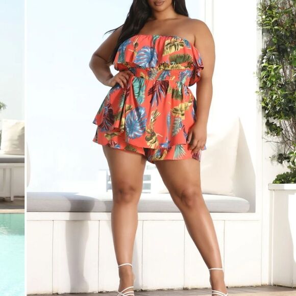 Fashion Nova Tube Top Tropical Paradise Passion Romper Orange Floral Flounce 1X - Picture 1 of 10